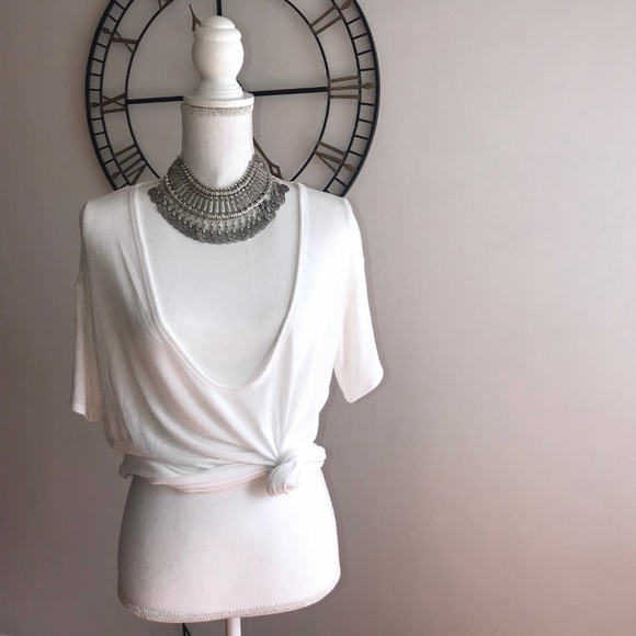 Forever 21 Tops - Forever 21 White Ribbed Plunging Neck Line Tee